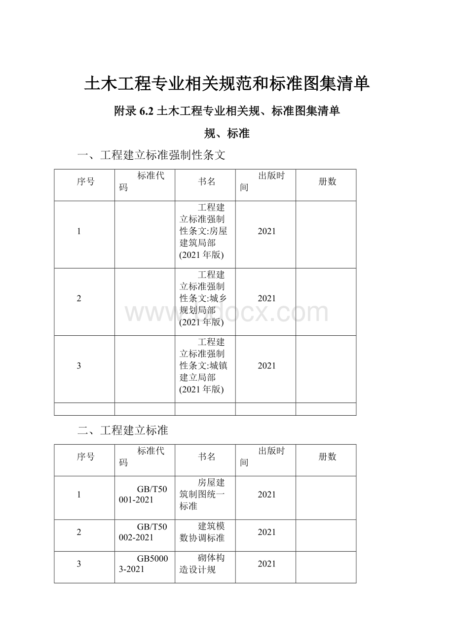 土木工程专业相关规范和标准图集清单.docx