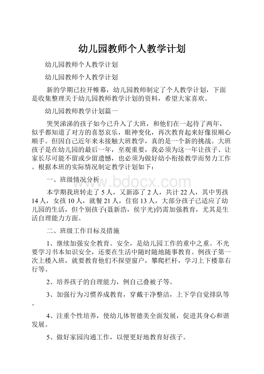 幼儿园教师个人教学计划.docx_第1页