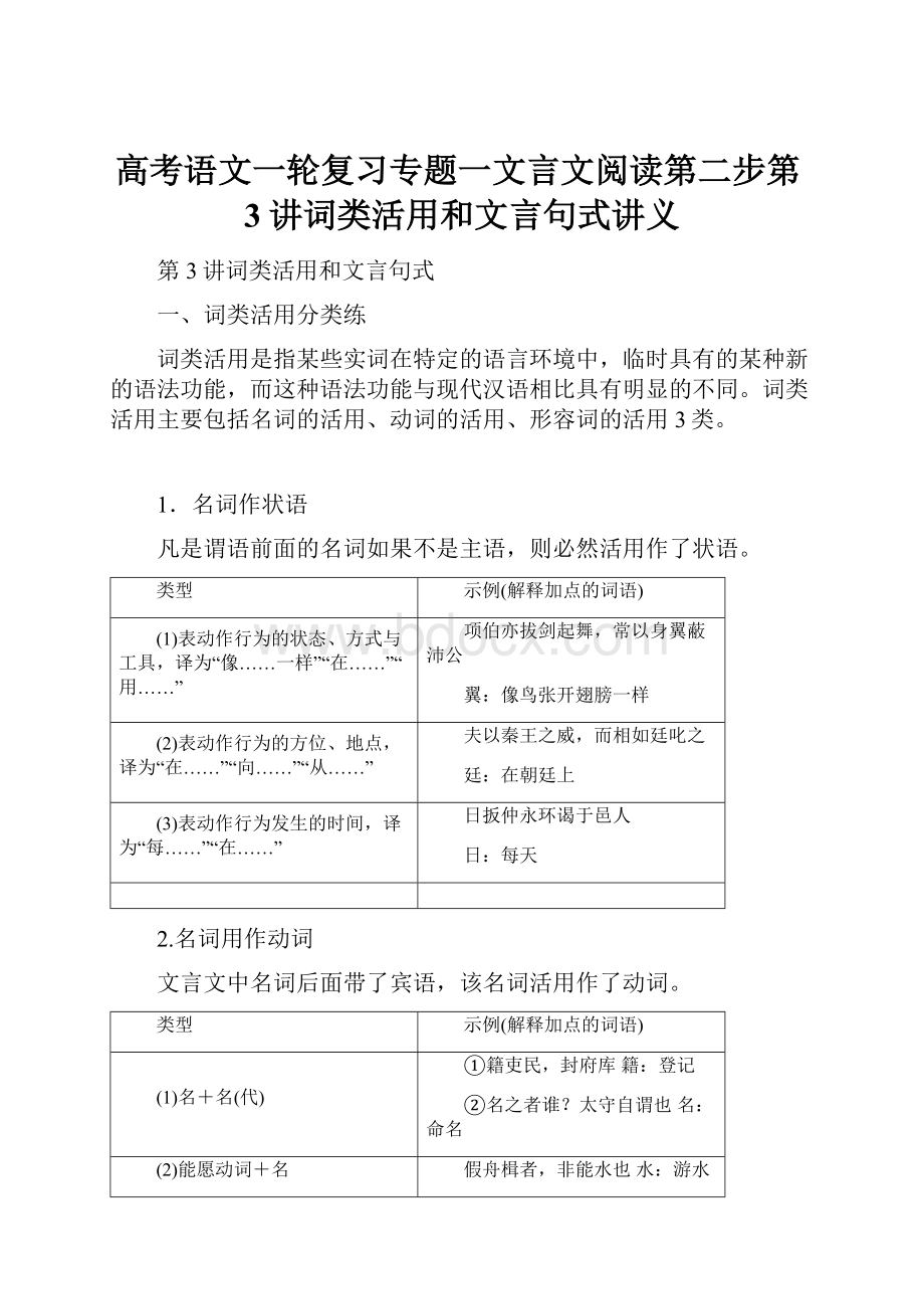 高考语文一轮复习专题一文言文阅读第二步第3讲词类活用和文言句式讲义.docx