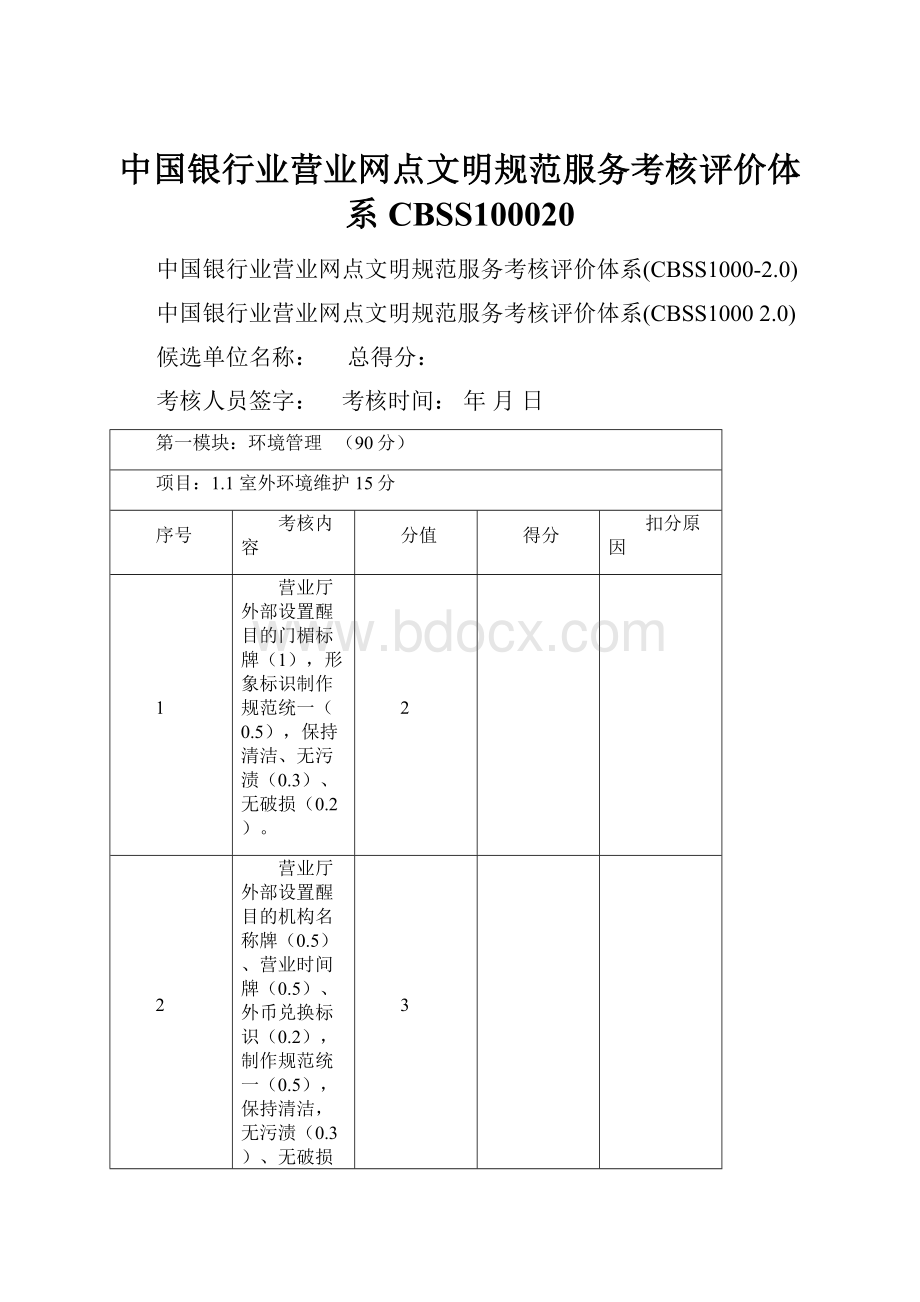 中国银行业营业网点文明规范服务考核评价体系CBSS100020.docx