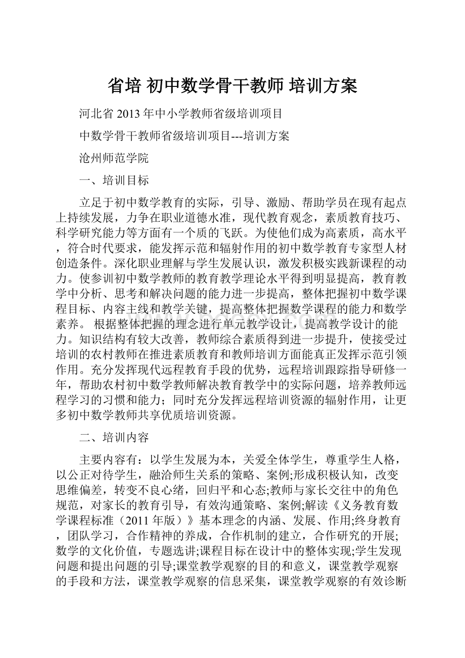 省培初中数学骨干教师培训方案.docx