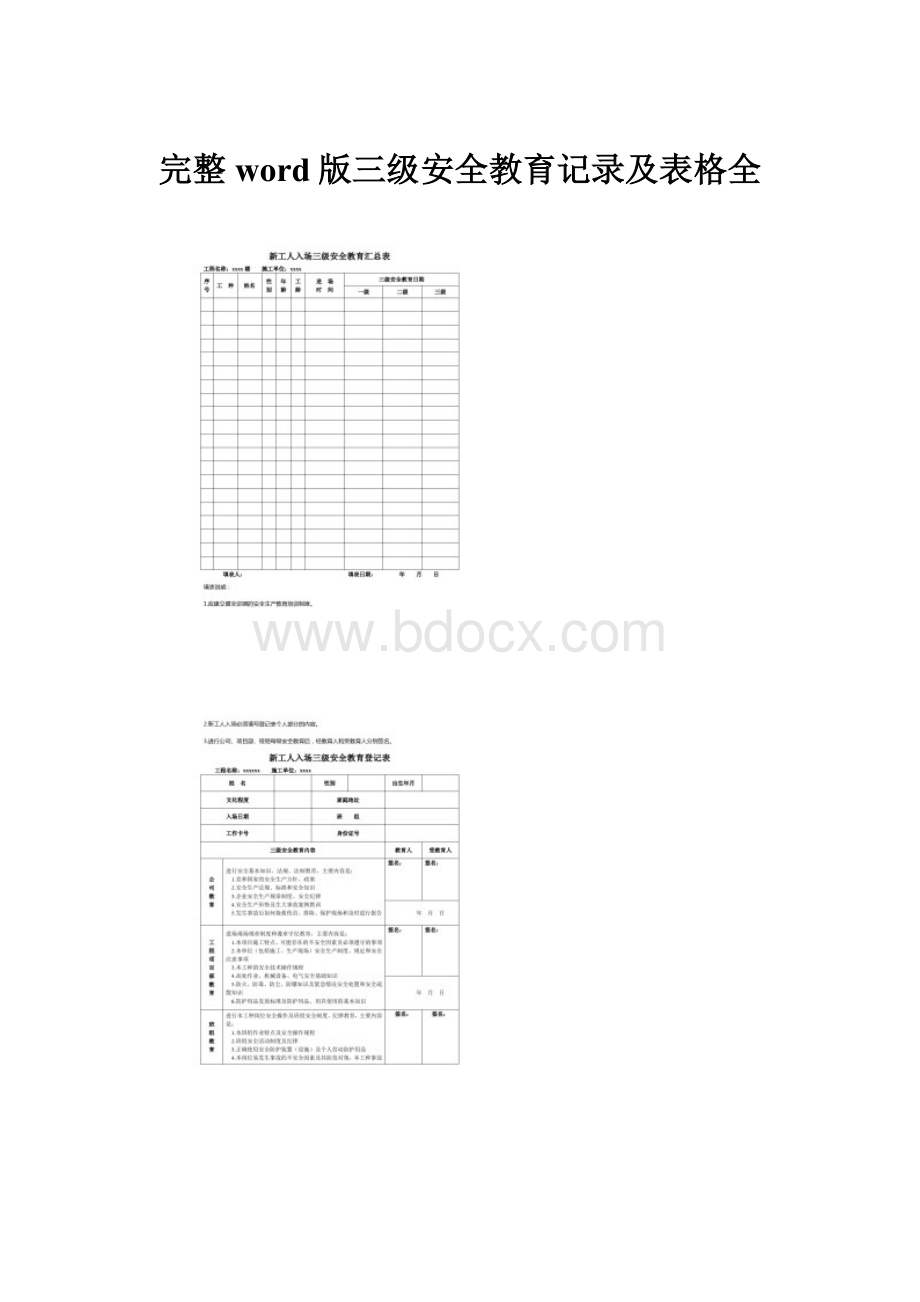 完整word版三级安全教育记录及表格全.docx_第1页