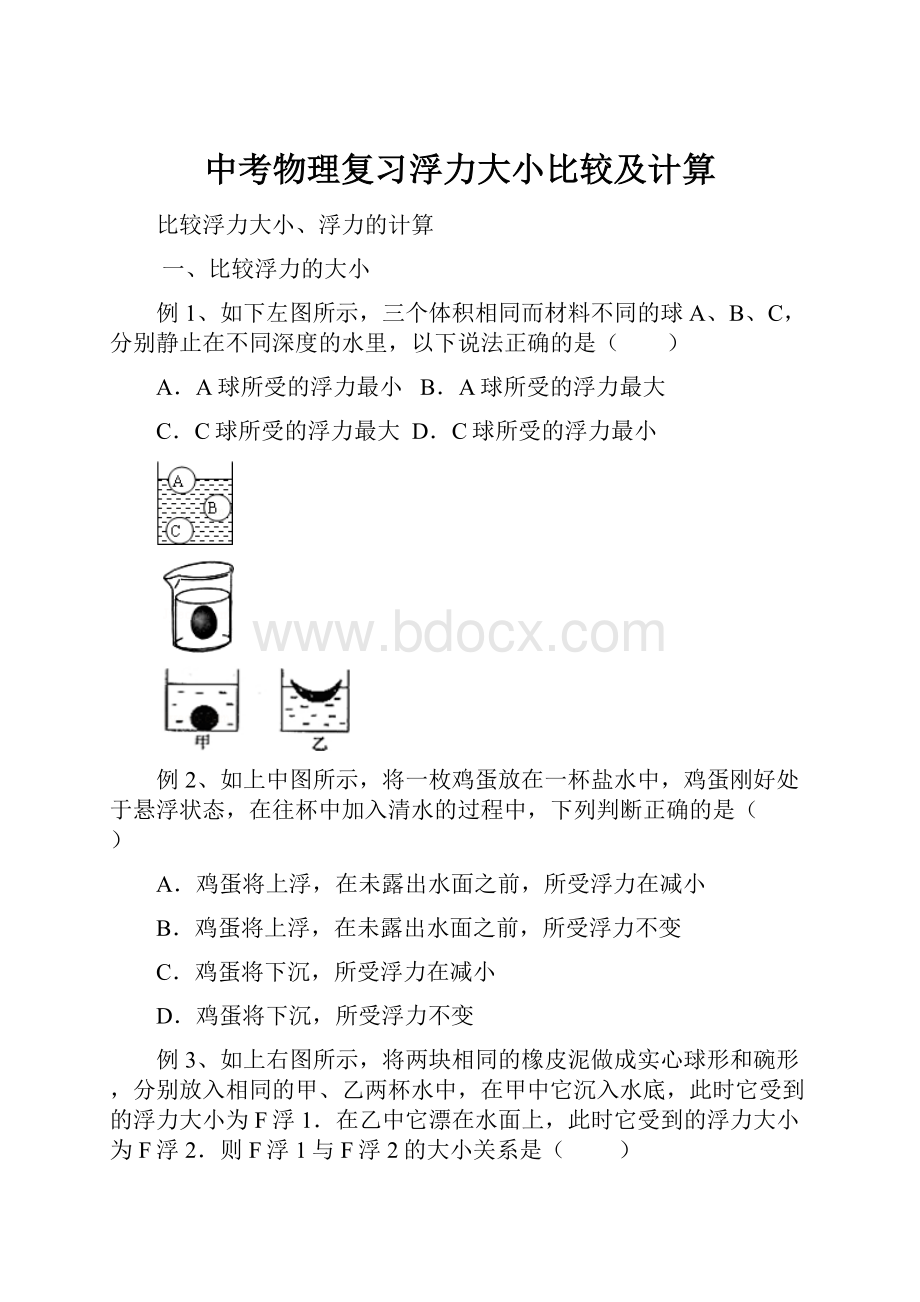 中考物理复习浮力大小比较及计算.docx