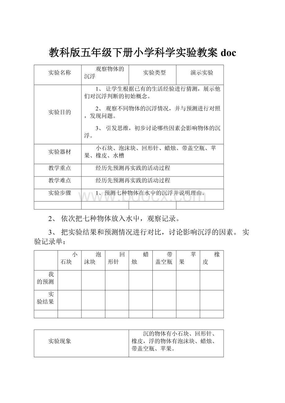 教科版五年级下册小学科学实验教案doc.docx