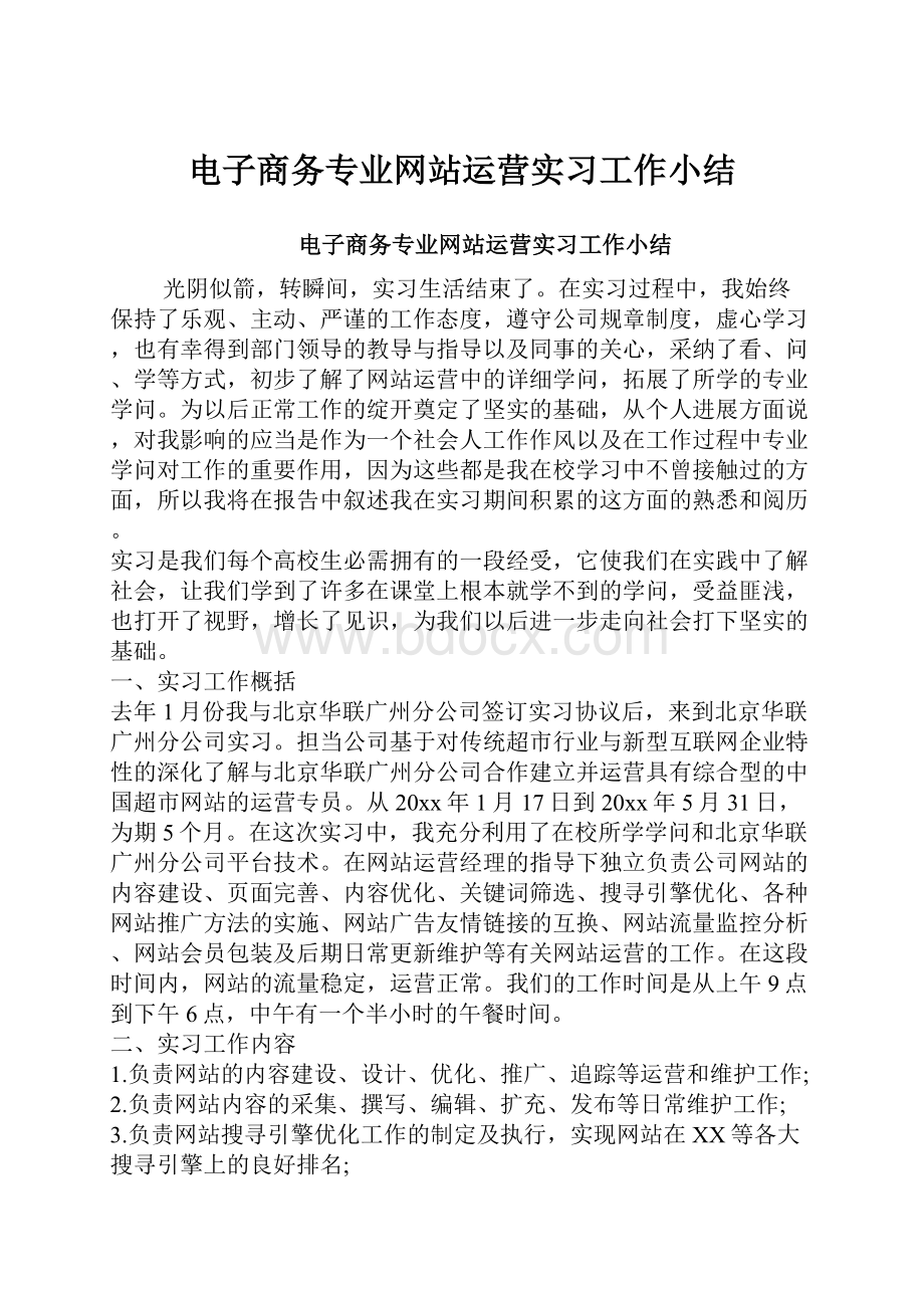 电子商务专业网站运营实习工作小结.docx_第1页