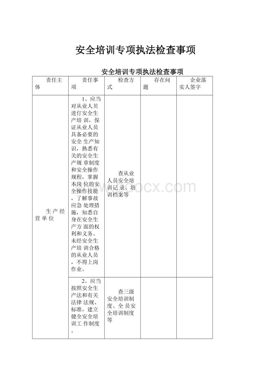 安全培训专项执法检查事项.docx