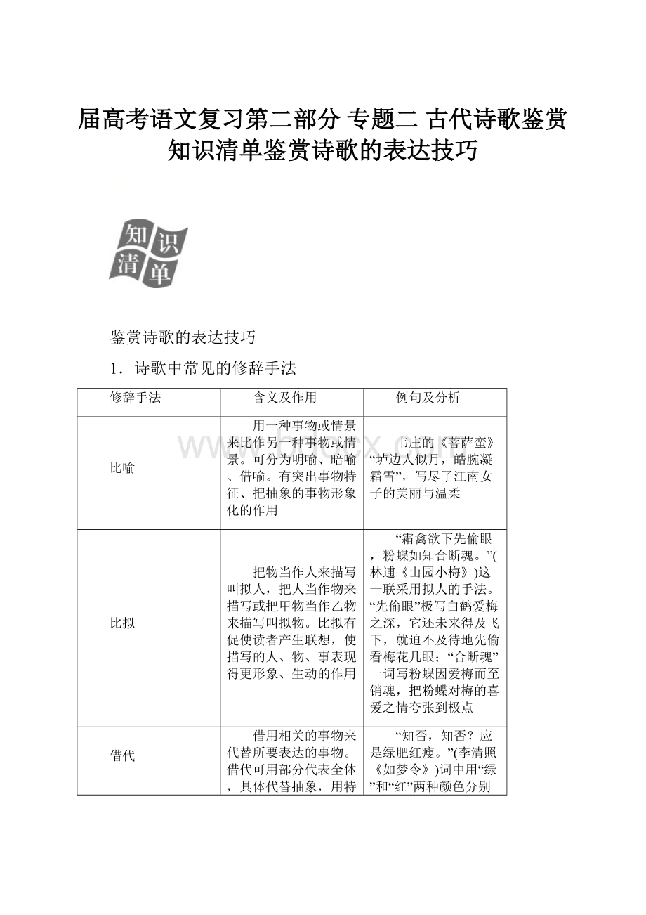 届高考语文复习第二部分 专题二 古代诗歌鉴赏 知识清单鉴赏诗歌的表达技巧.docx