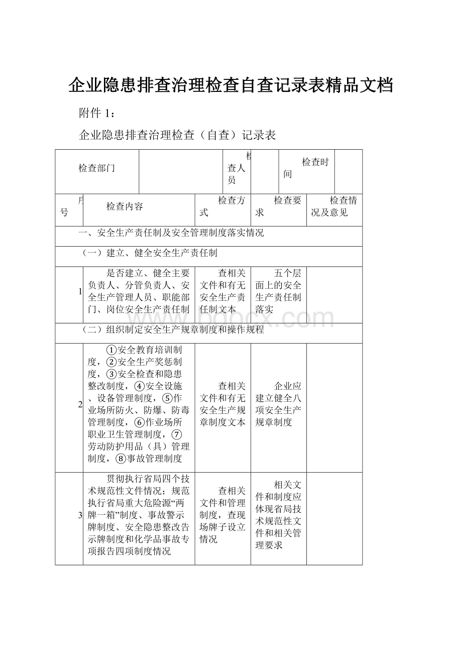 企业隐患排查治理检查自查记录表精品文档.docx