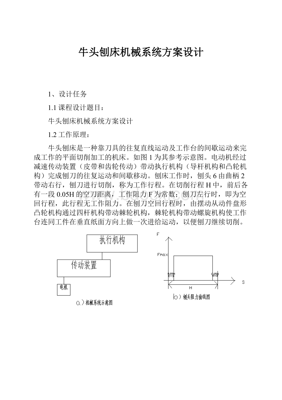 牛头刨床机械系统方案设计.docx_第1页