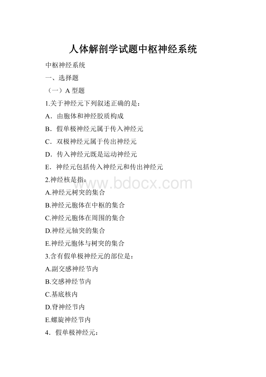 人体解剖学试题中枢神经系统.docx_第1页