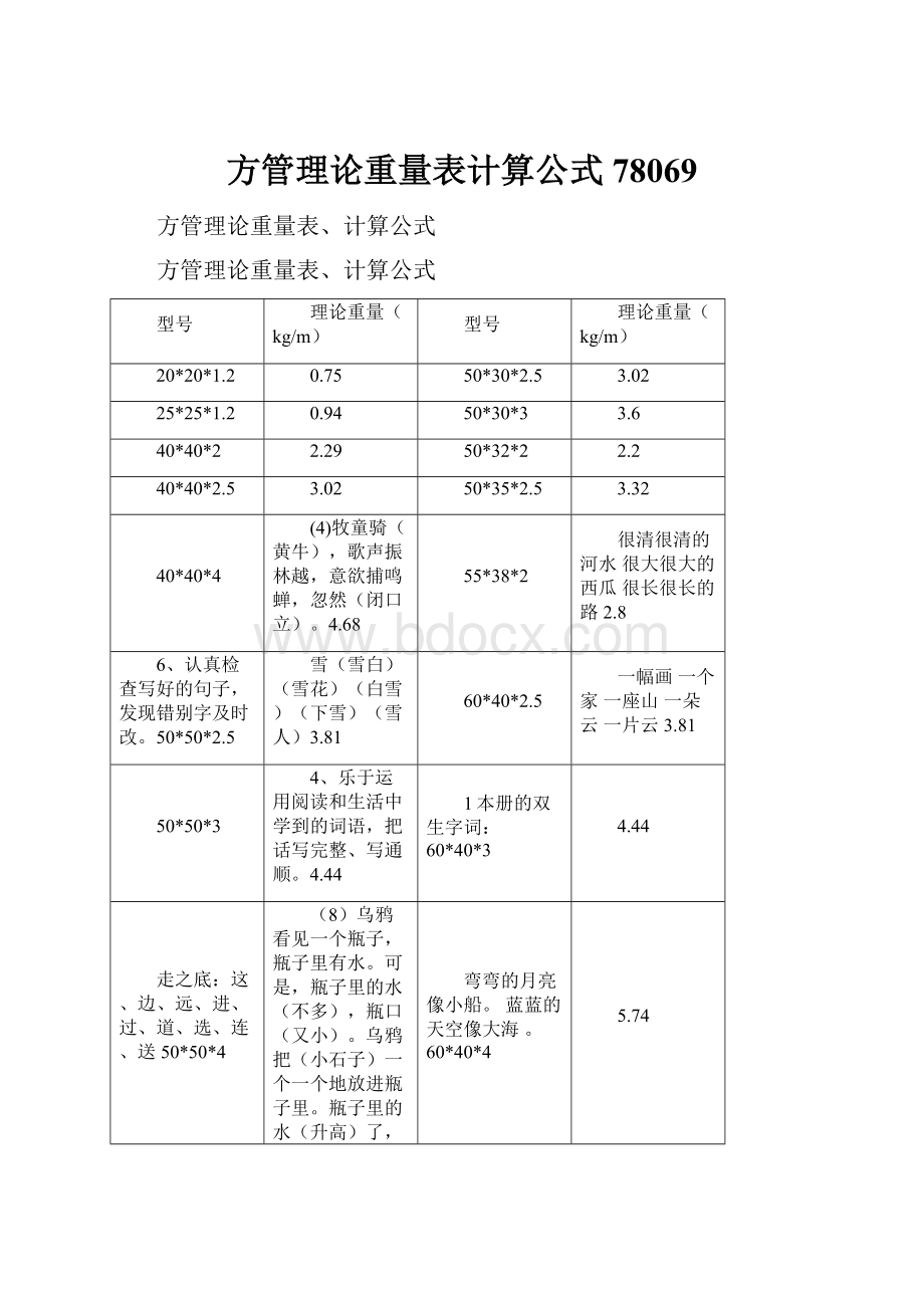 方管理论重量表计算公式78069.docx