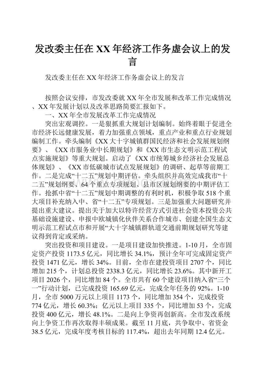 发改委主任在XX年经济工作务虚会议上的发言.docx