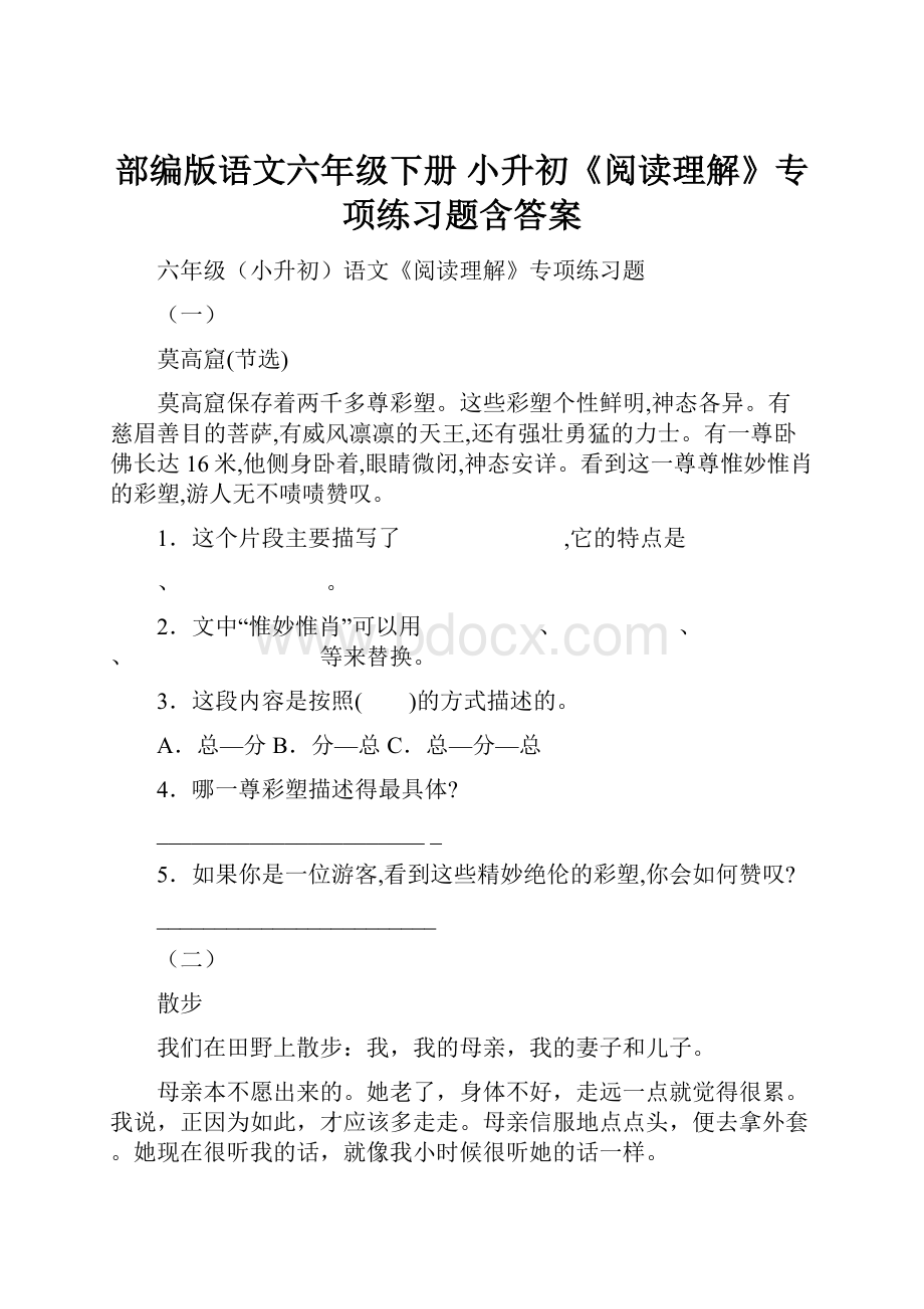 部编版语文六年级下册小升初《阅读理解》专项练习题含答案.docx