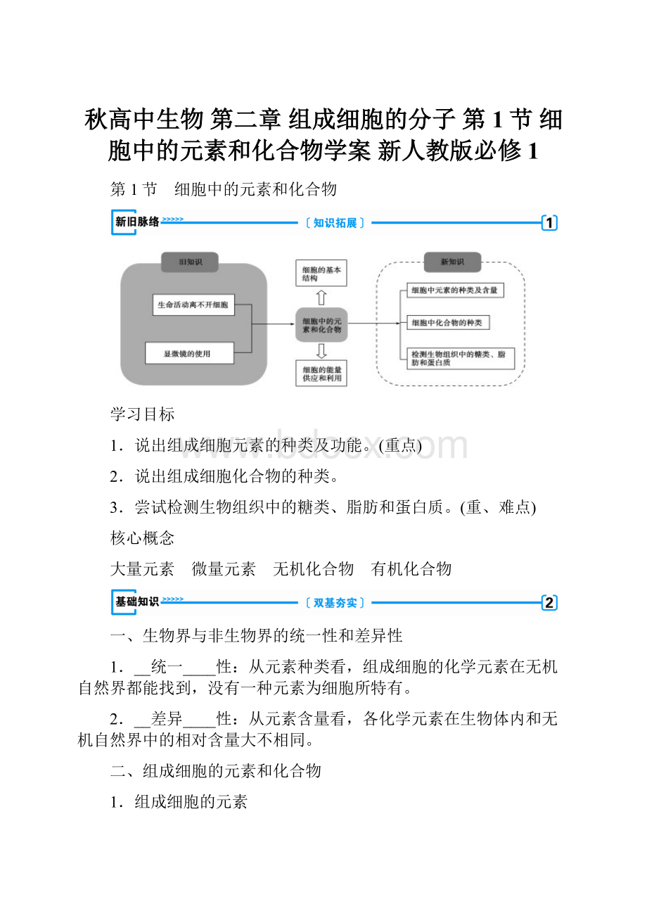 秋高中生物 第二章 组成细胞的分子 第1节 细胞中的元素和化合物学案 新人教版必修1.docx_第1页
