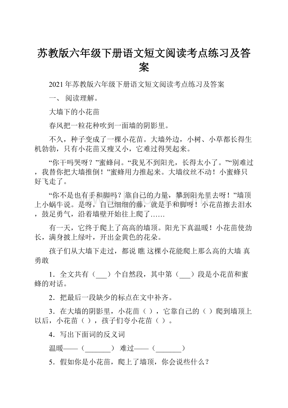 苏教版六年级下册语文短文阅读考点练习及答案.docx_第1页