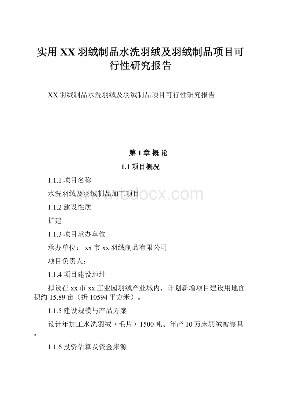 实用XX羽绒制品水洗羽绒及羽绒制品项目可行性研究报告.docx