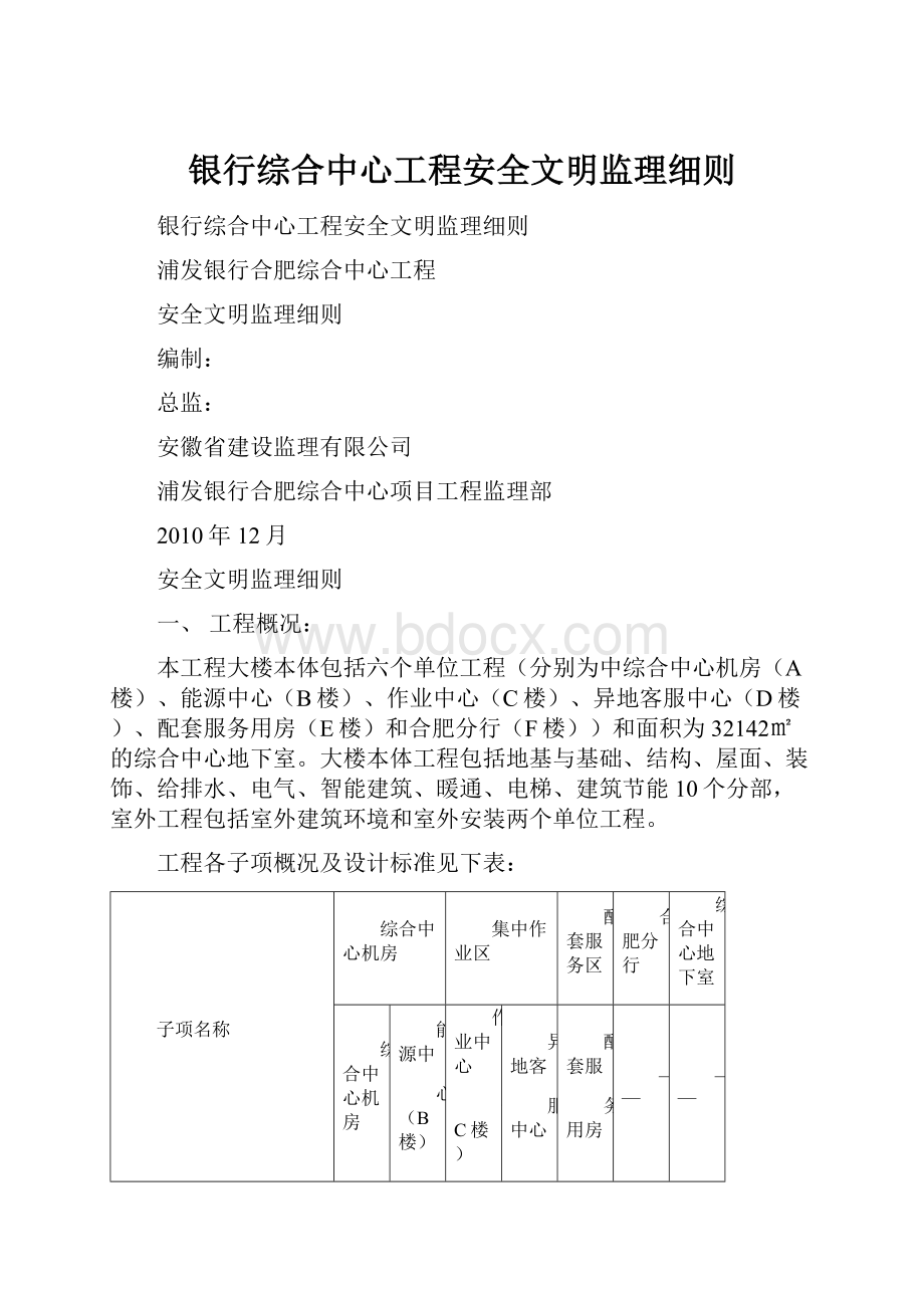 银行综合中心工程安全文明监理细则.docx