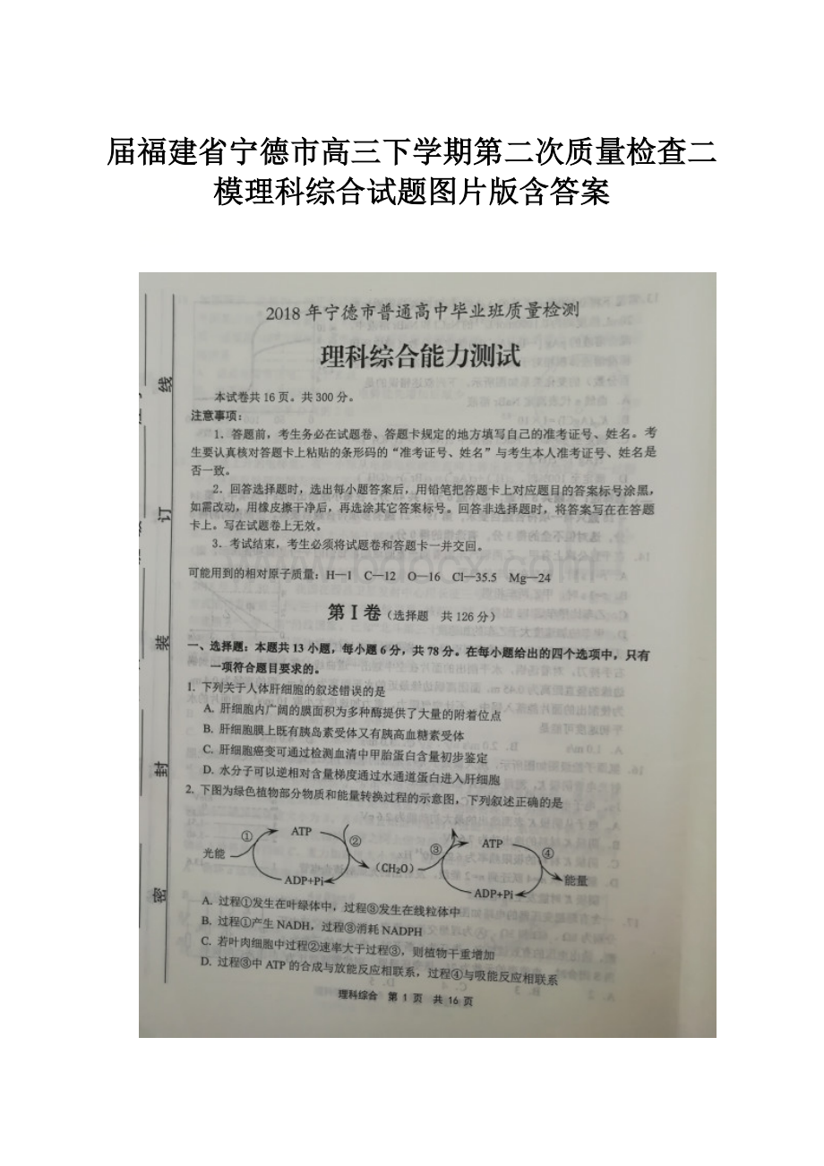 届福建省宁德市高三下学期第二次质量检查二模理科综合试题图片版含答案.docx