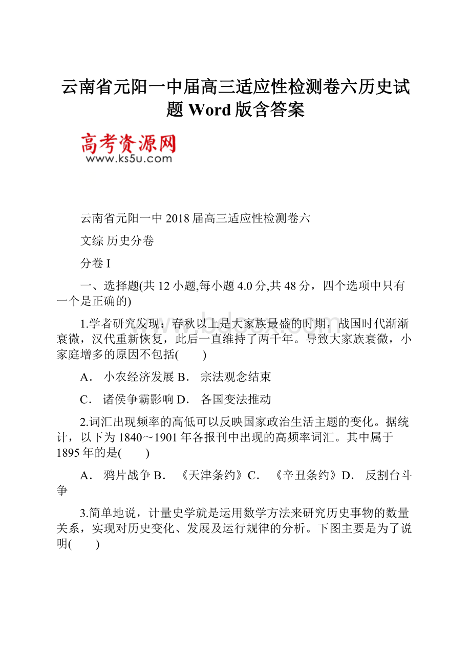 云南省元阳一中届高三适应性检测卷六历史试题Word版含答案.docx_第1页