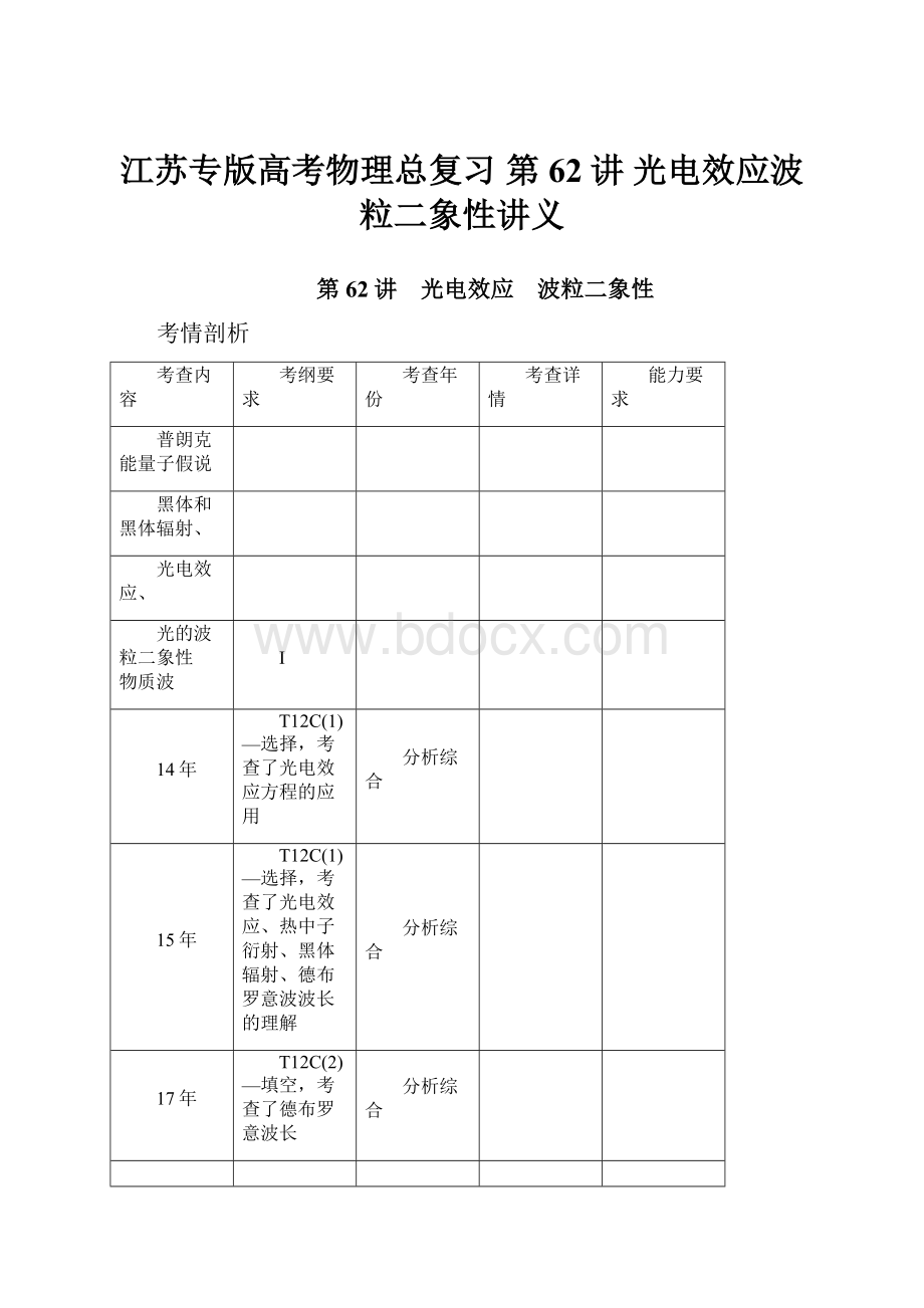 江苏专版高考物理总复习 第62讲 光电效应波粒二象性讲义.docx_第1页