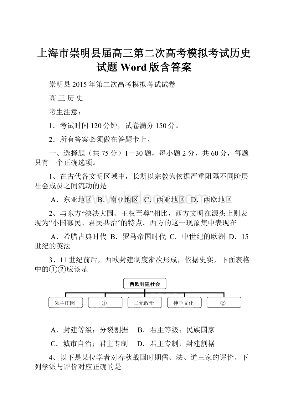 上海市崇明县届高三第二次高考模拟考试历史试题 Word版含答案.docx
