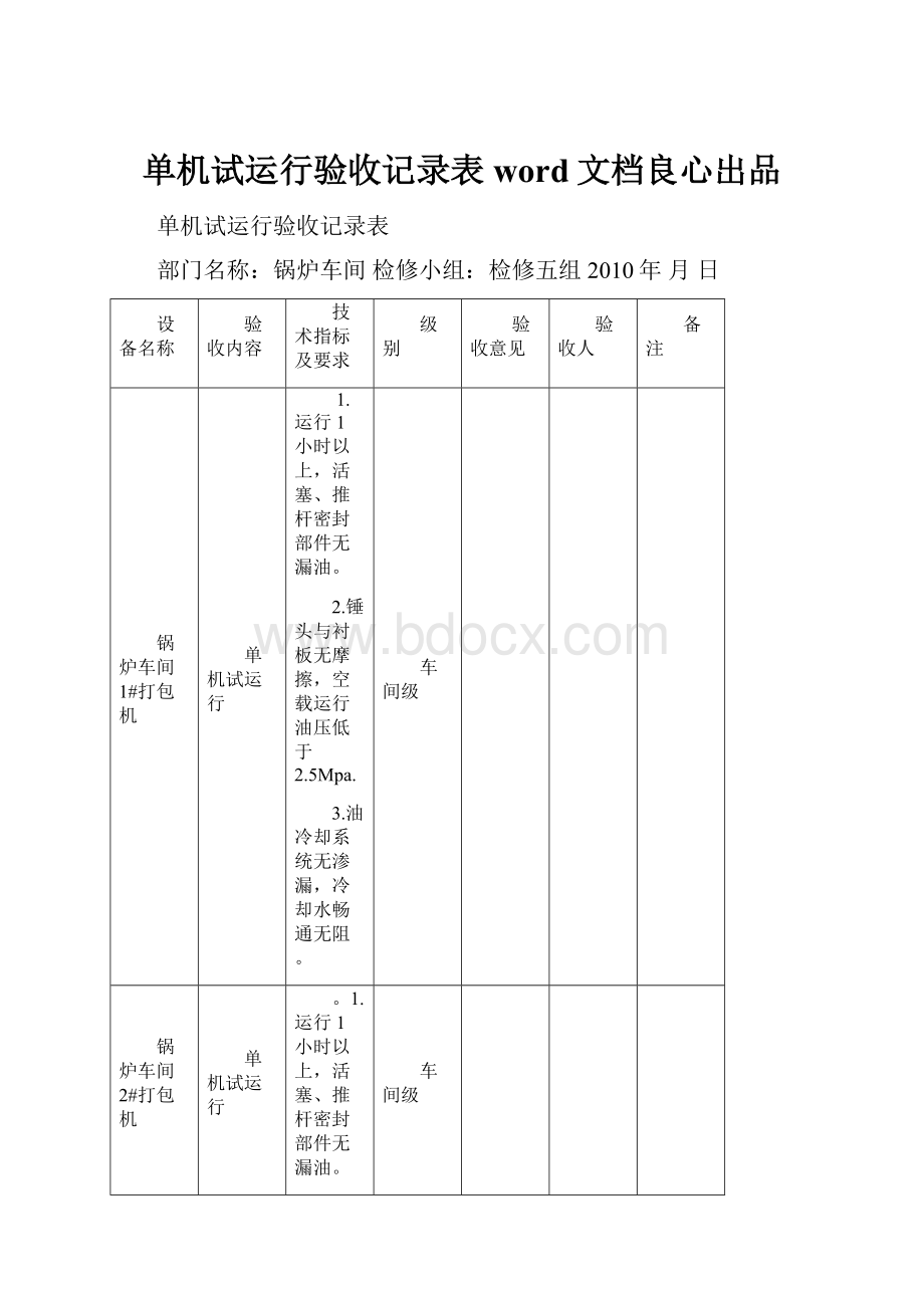 单机试运行验收记录表word文档良心出品.docx