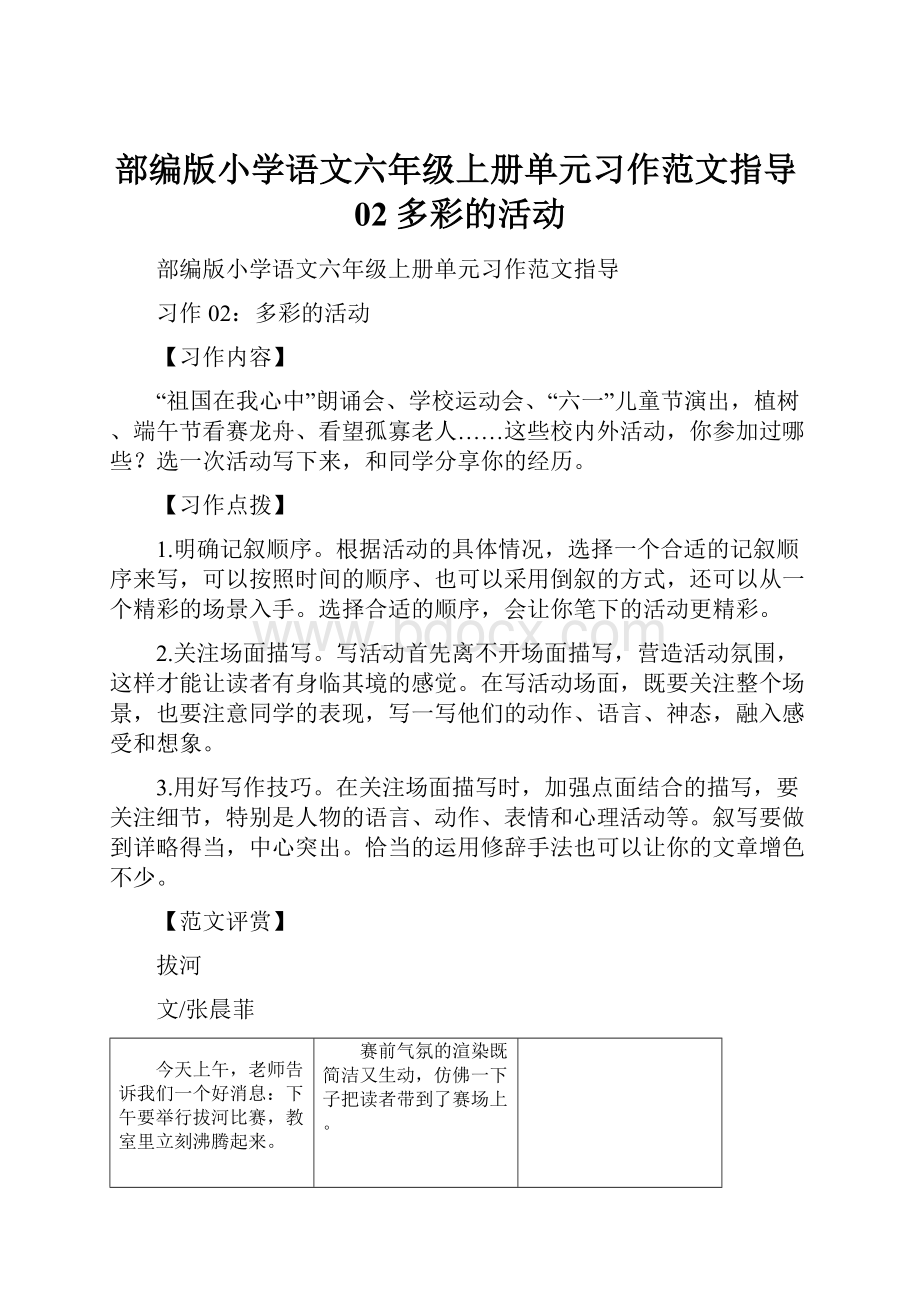 部编版小学语文六年级上册单元习作范文指导02多彩的活动.docx_第1页