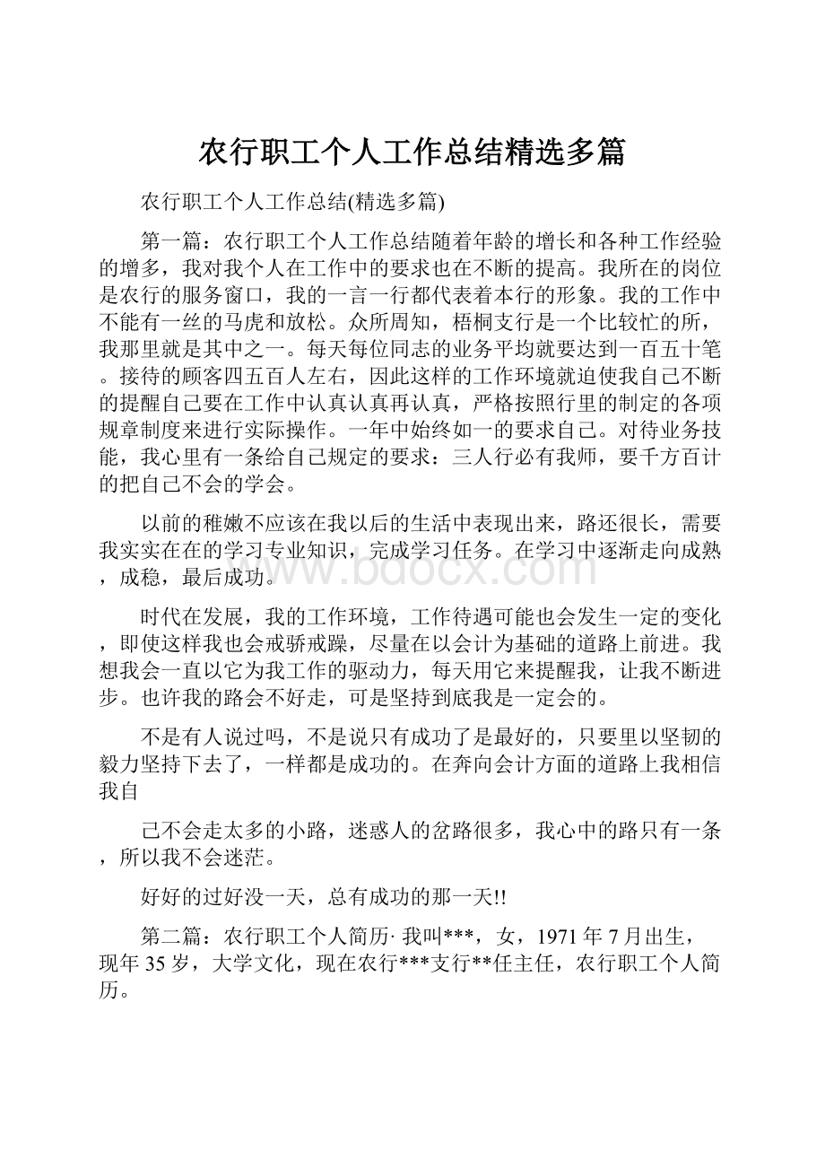 农行职工个人工作总结精选多篇.docx