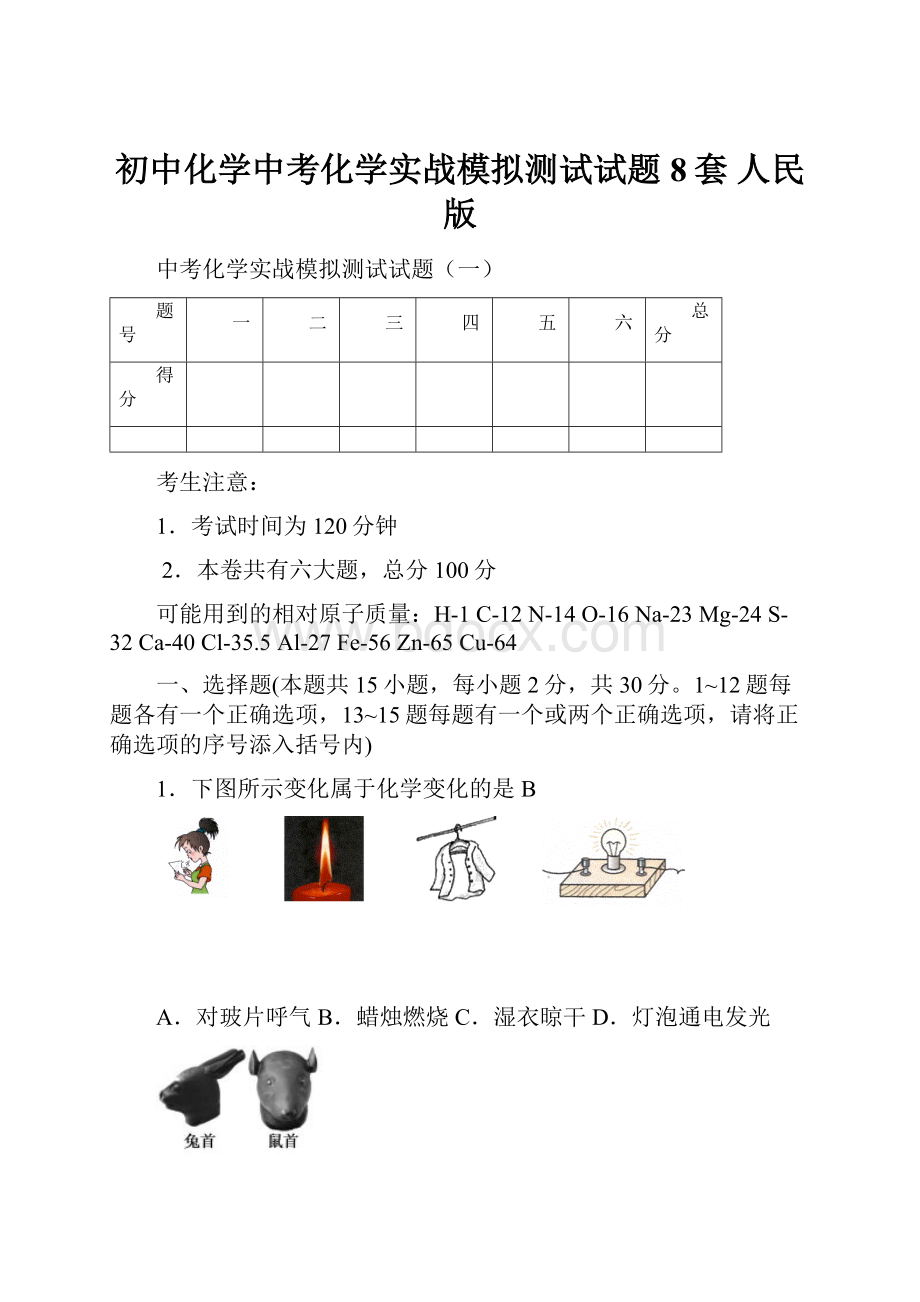 初中化学中考化学实战模拟测试试题8套 人民版.docx