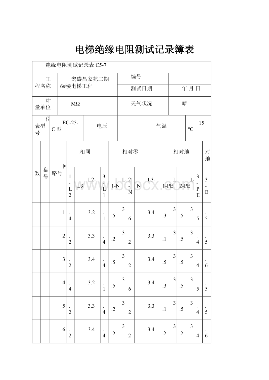 电梯绝缘电阻测试记录簿表.docx_第1页