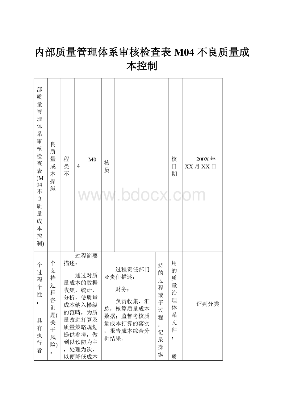 内部质量管理体系审核检查表M04 不良质量成本控制.docx