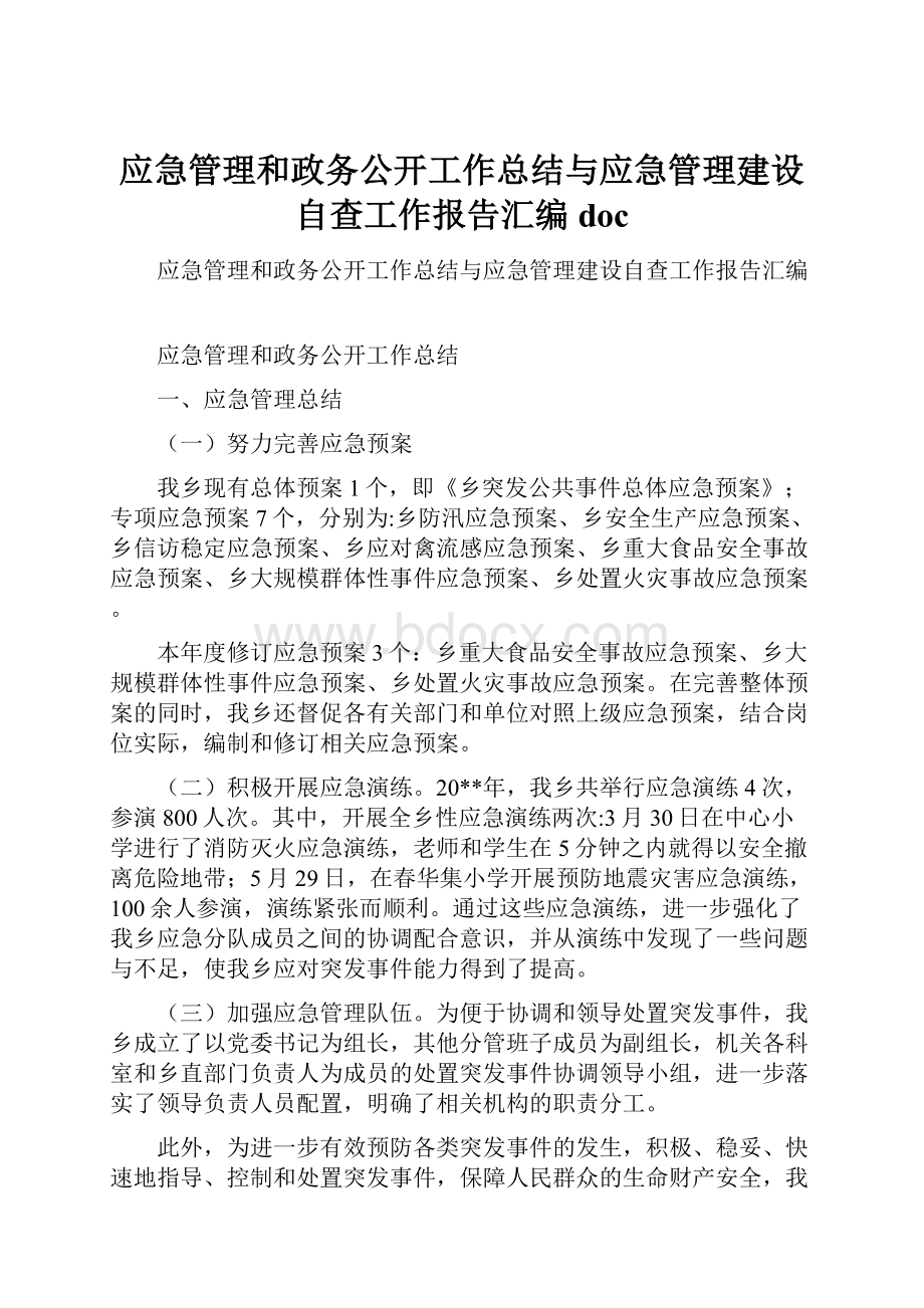 应急管理和政务公开工作总结与应急管理建设自查工作报告汇编doc.docx