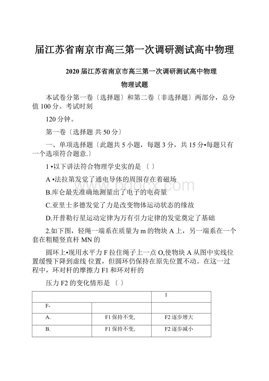 届江苏省南京市高三第一次调研测试高中物理.docx_第1页