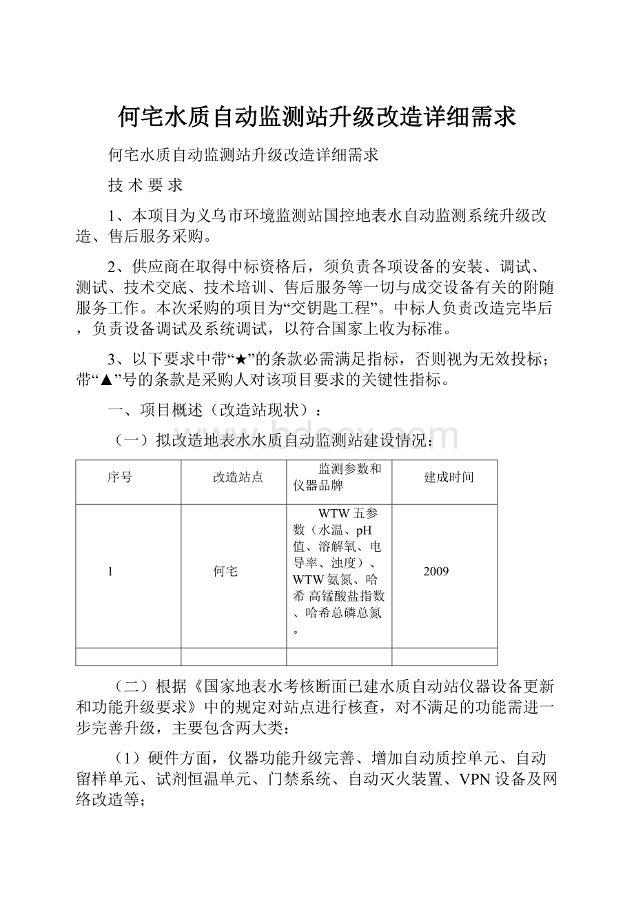 何宅水质自动监测站升级改造详细需求.docx