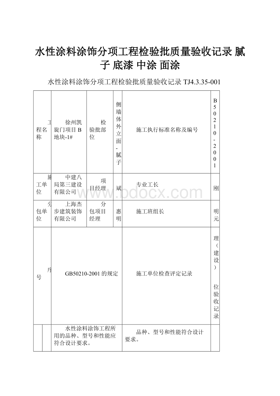 水性涂料涂饰分项工程检验批质量验收记录 腻子 底漆 中涂 面涂.docx_第1页