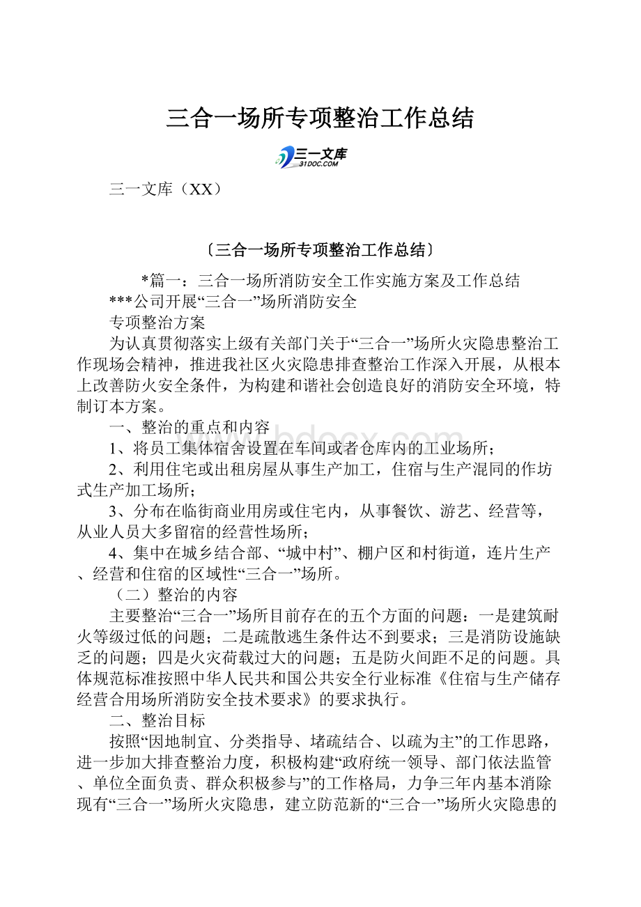 三合一场所专项整治工作总结.docx