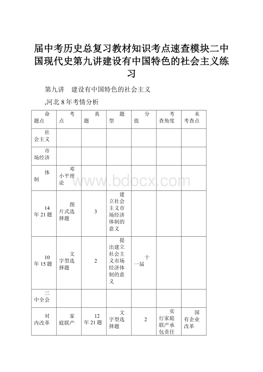 届中考历史总复习教材知识考点速查模块二中国现代史第九讲建设有中国特色的社会主义练习.docx_第1页