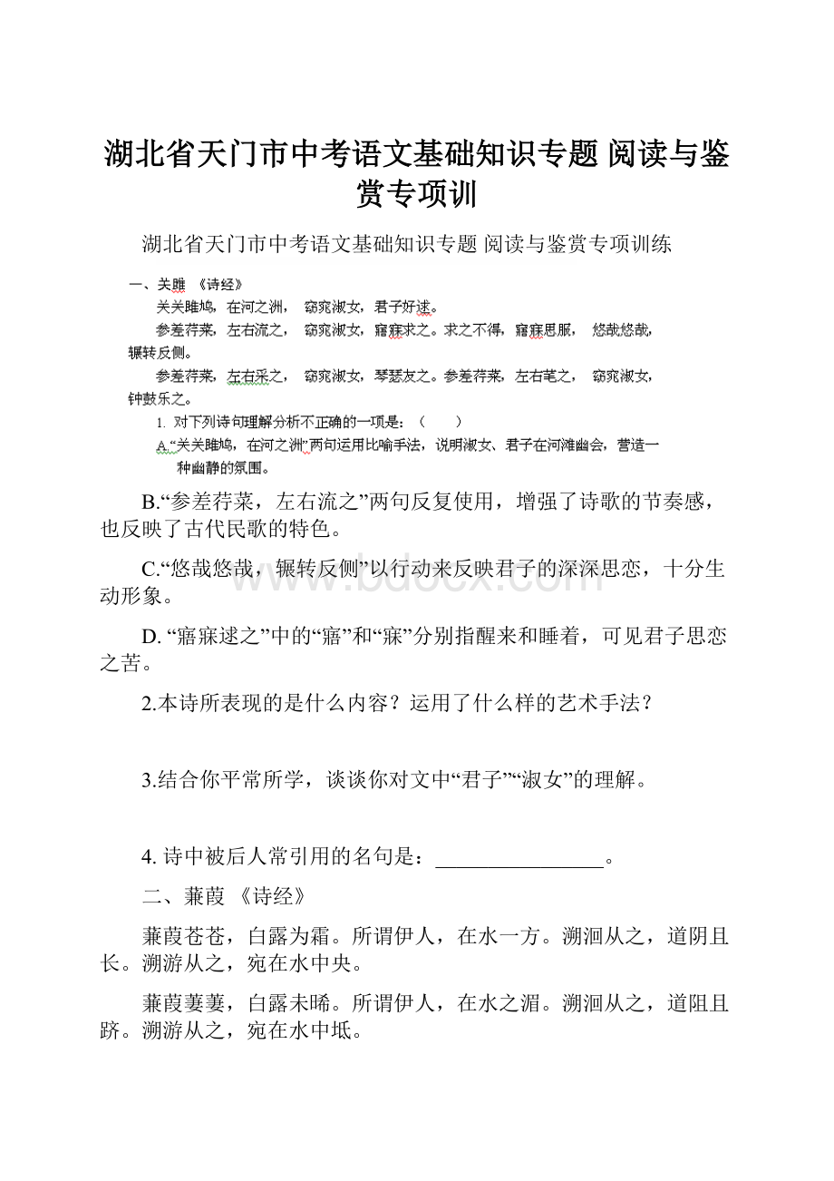 湖北省天门市中考语文基础知识专题 阅读与鉴赏专项训.docx