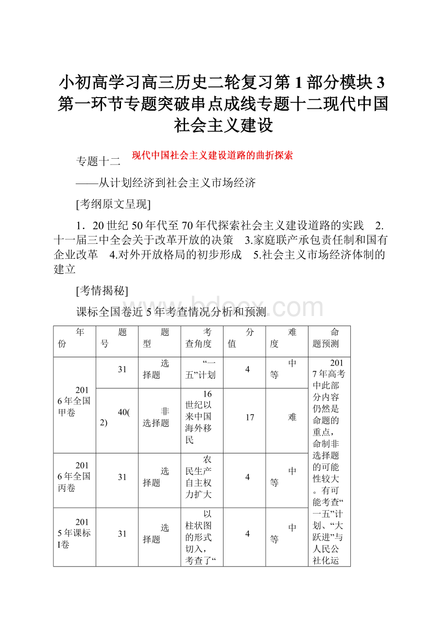 小初高学习高三历史二轮复习第1部分模块3第一环节专题突破串点成线专题十二现代中国社会主义建设.docx