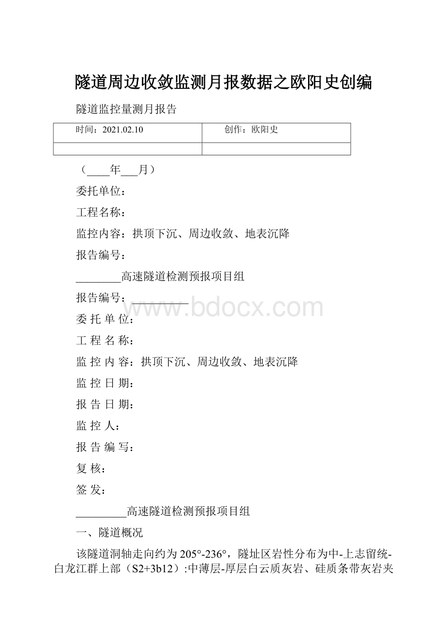 隧道周边收敛监测月报数据之欧阳史创编.docx