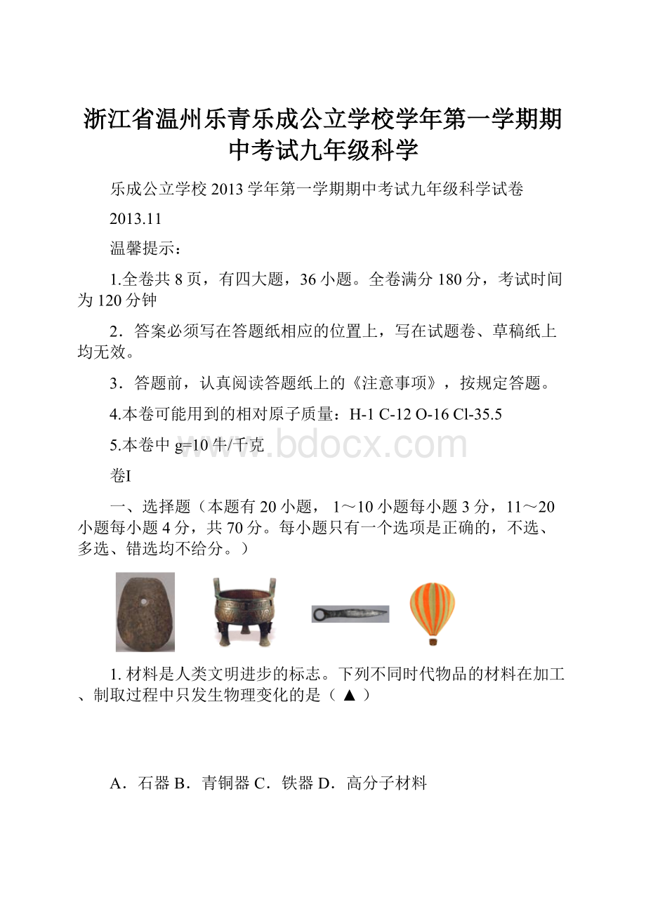 浙江省温州乐青乐成公立学校学年第一学期期中考试九年级科学.docx_第1页