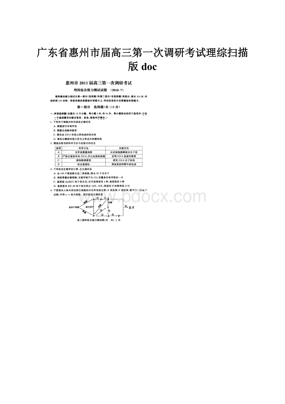 广东省惠州市届高三第一次调研考试理综扫描版doc.docx