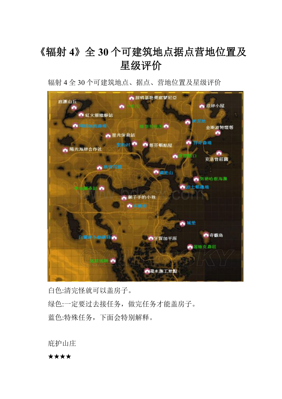 《辐射4》全30个可建筑地点据点营地位置及星级评价.docx