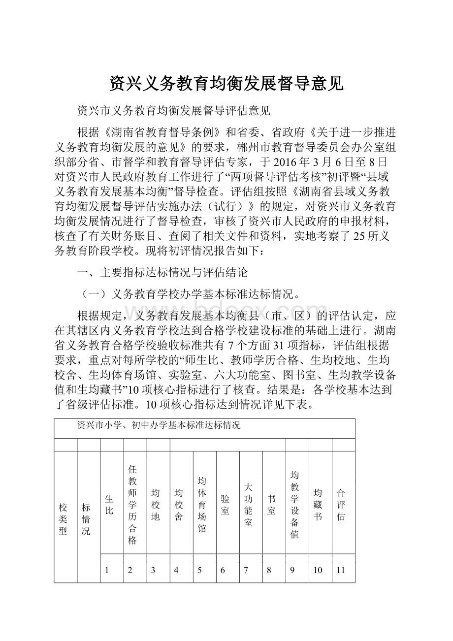 资兴义务教育均衡发展督导意见.docx