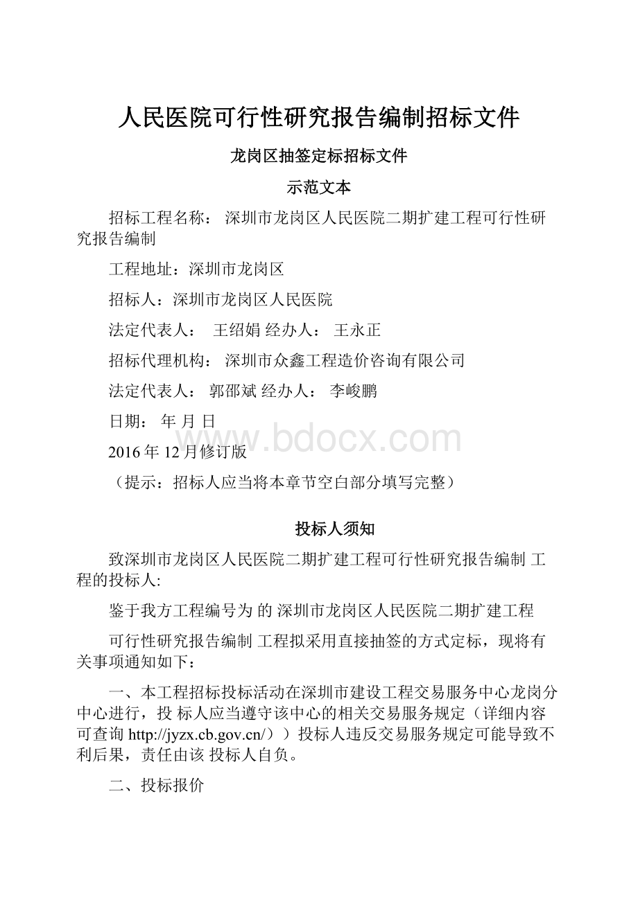 人民医院可行性研究报告编制招标文件.docx