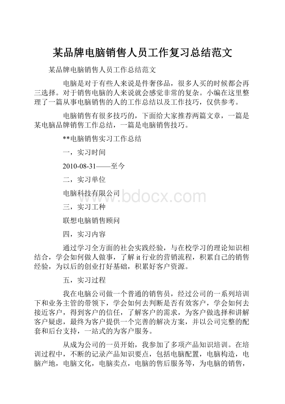 某品牌电脑销售人员工作复习总结范文.docx