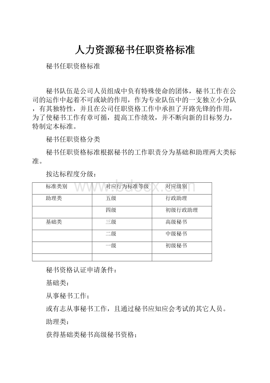 人力资源秘书任职资格标准.docx