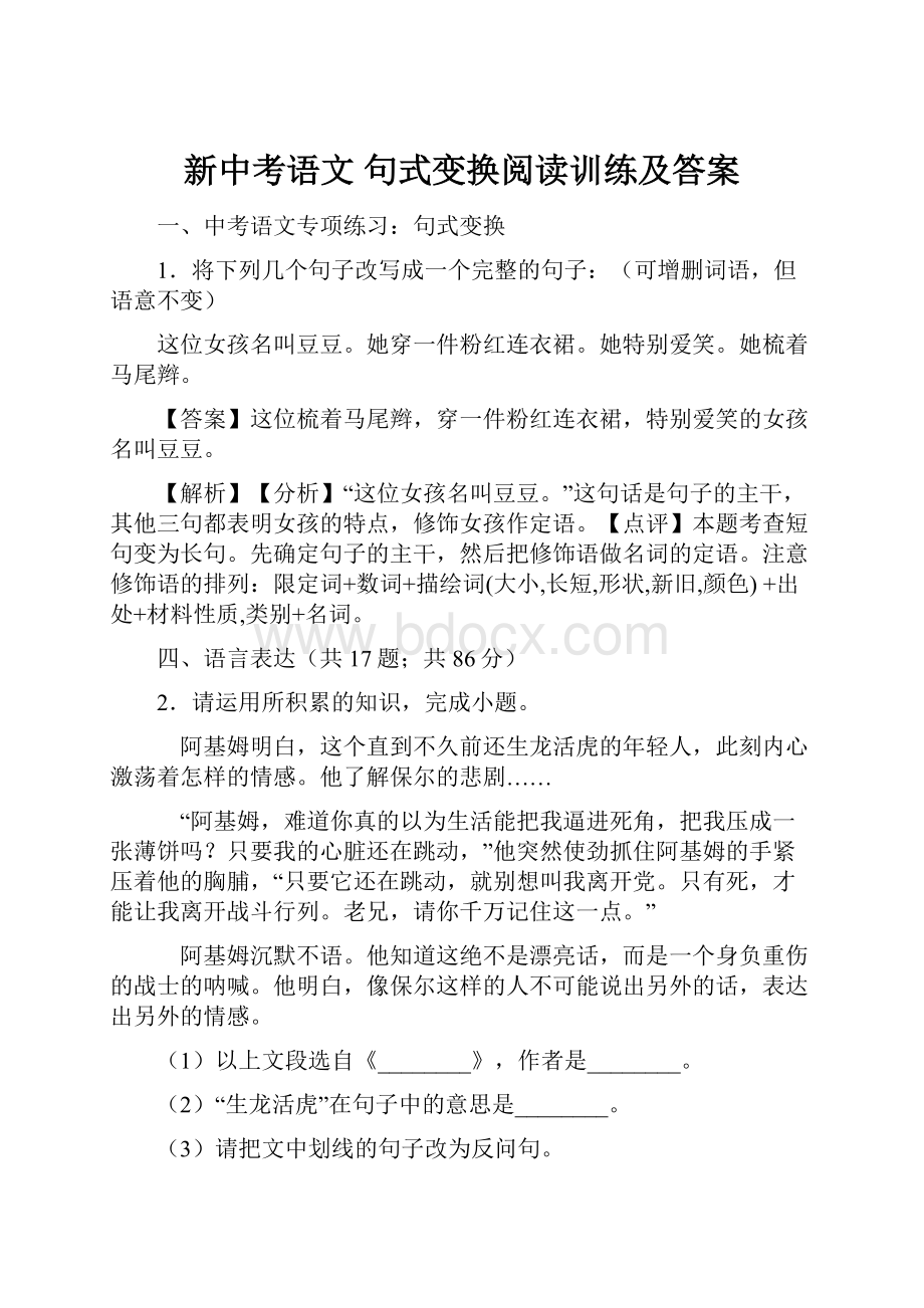 新中考语文 句式变换阅读训练及答案.docx