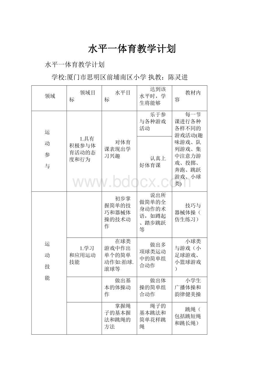 水平一体育教学计划.docx_第1页