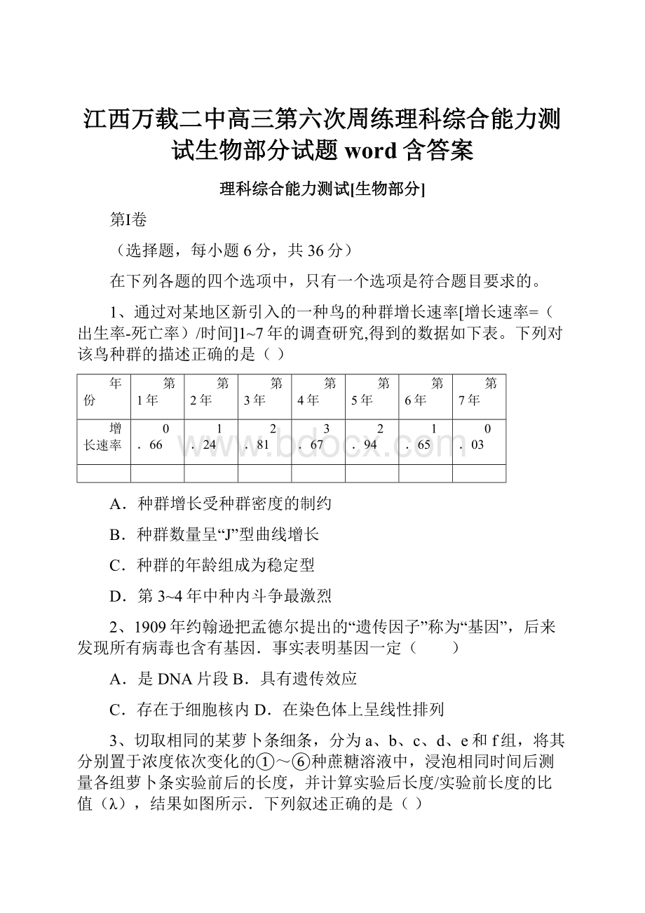 江西万载二中高三第六次周练理科综合能力测试生物部分试题word含答案.docx